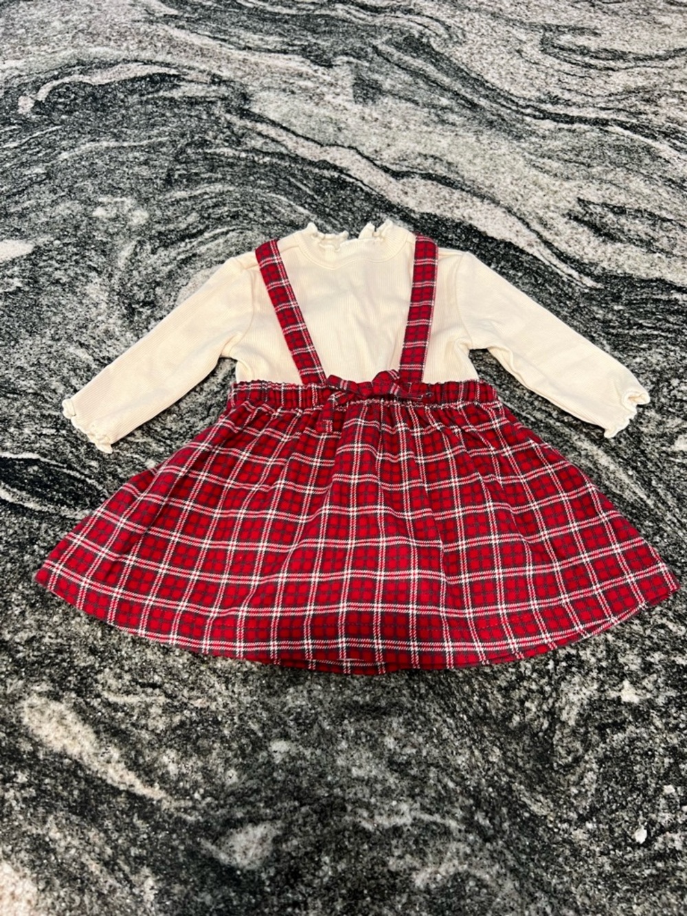 Carter's Cream Ruffled Neck Top with Red Plaid Suspender Dress